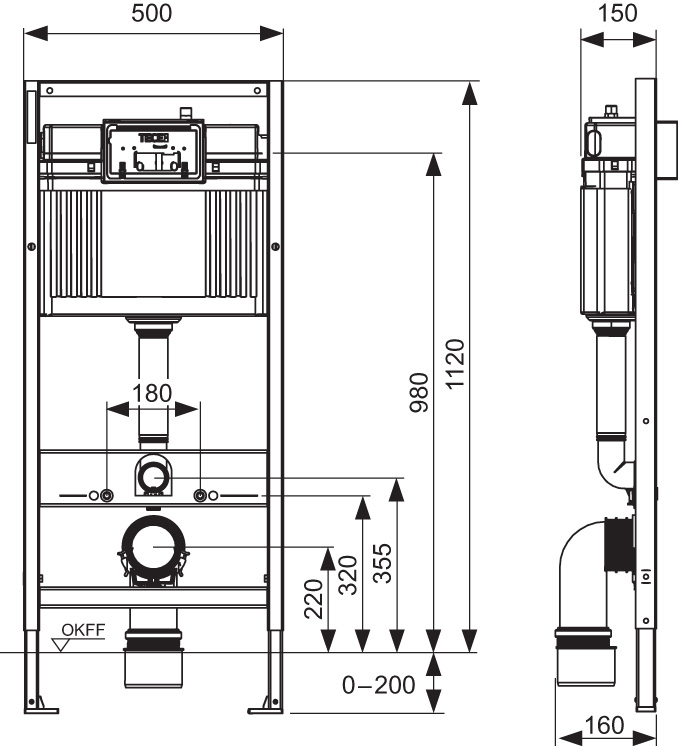 Комплект для установки подвесного унитаза: застенный модуль, пластиковая панель смыва TECEnow, черная глянцевая K440403