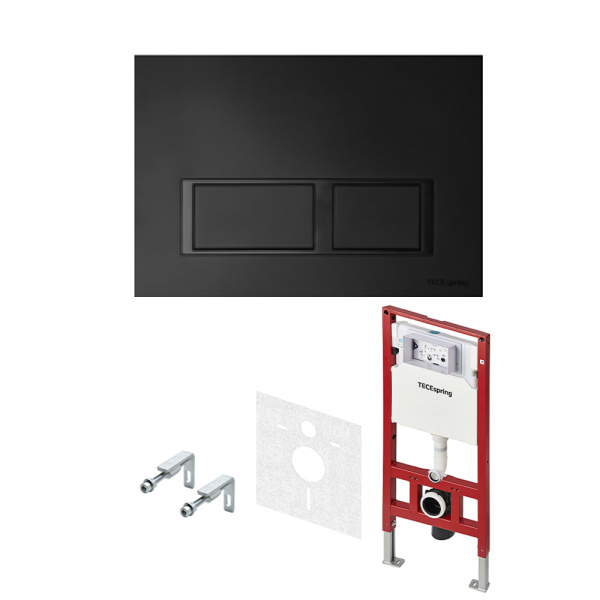 Комплект для установки подвесного унитаза: застенный модуль TECEspring, пластиковая панель смыва TECEspring V, черная матовая, унитаз с крышкой TECE Basic K401204WCB (K955204WCB)