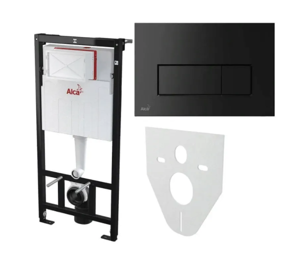 Комплект для установки подвесного унитаза: застенный модуль, черная матовая  пластиковая панель смыва AM101/1120-4:1 RU M578-0001