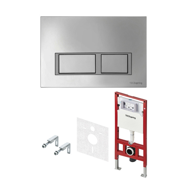Комплект для установки подвесного унитаза: застенный модуль TECEspring, пластиковая панель смыва TECEspring V, хром глянцевая, унитаз с крышкой TECEspring K K401201WCK (K955201WCK)