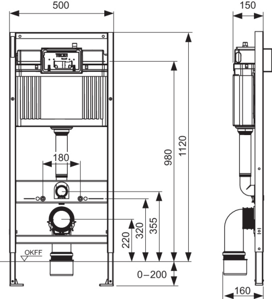Комплект для установки подвесного унитаза: застенный модуль, пластиковая панель смыва TECEnow, черная матовая K440407
