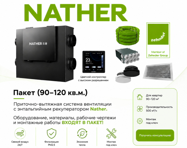 Приточно-вытяжная вентиляция Nather для квартиры 60–90 м² с рекуперацией тепла
